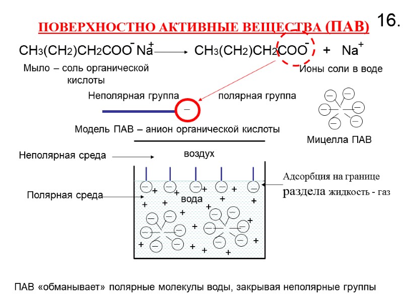 ПОВЕРХНОСТНО АКТИВНЫЕ ВЕЩЕСТВА (ПАВ)  СН3(СН2)СН2СОО Na       